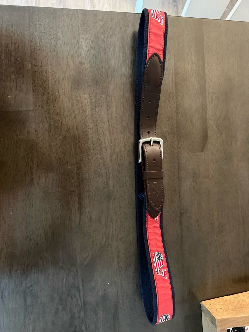 Vineyard Vines Navy and Red Whale Flag Web Belt with Brown Leather size 40